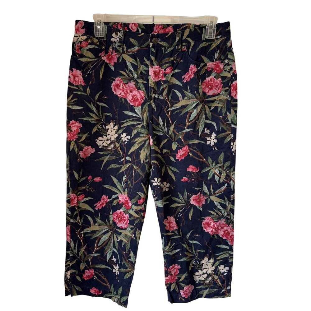 Vintage 90s Ralph Lauren Pants Womens 14 Navy Pink Tropical High Rise Crop Capri